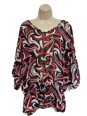 Blusa Chaps 1X pura preta vermelha geo 3/4 dolman sl v pescoço peplum gravata cintura. - Imagem 1 de 4