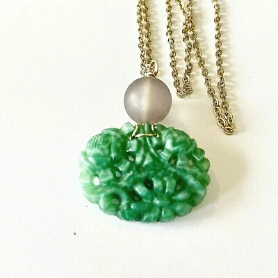 COLLAR DE ORO COLGANTE CUENTAS AMATISTA DISEÑO VIDRIO JADE SINTÉTICO TALLADO VINTAGE Foto 1 de 4