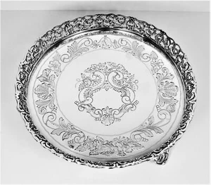 Salver three feet very beautiful engraved work solid silver - Picture 1 of 10