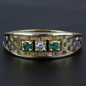 14k Tri-Tone Basketweave Ring mit Smaragden + Diamant - Bild 1 von 6