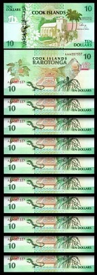 Cook Islands 10 Dollars 1992, UNC, 10 Pcs Consecutive LOT, Prefix AAA, P-8 - Image 1 of 3