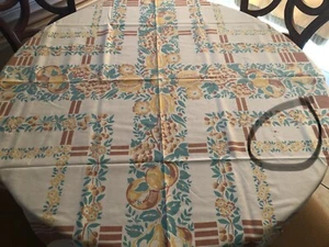 Vintage Cotton Tablecloth Multicolored Floral And Fruit Pattern Hemmed 46" x 50" - Picture 1 of 3