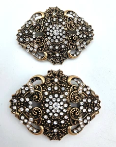 Filigree Rhinestone Shoe Clips Antique Gold Tone Baroque Scroll Sparkle Pair VTG - Picture 1 of 4