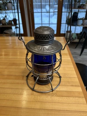 ERIE Railroad Lantern with Blue Dietz Vulcan Globe! CT HAM  - Image 1 of 4