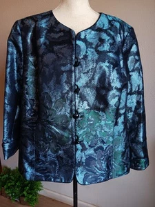 Vintage Kasper Women's Blazer Metallic Aquamarin Black Open Front Jacket Sz 20W - Picture 1 of 11