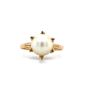 Vintage 18K Yellow Gold 8.0mm Round Yellowish Pearl Solitaire Ring Size 7 - Picture 1 of 12