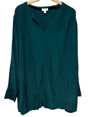 J. Jill 女式 2X 码缩褶长袖束腰上衣绿色 V 领人造丝 — 第 1/4 张图片