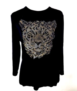 St John Caviar Women Top Tiger Beaded Embossed Size M Long Sleeve Animal - Picture 1 of 13