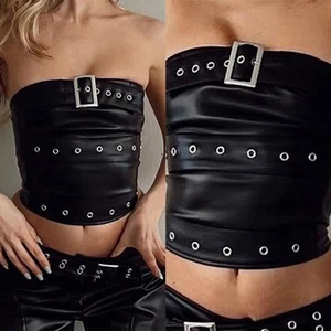 Breezy Off Shoulder Women's Cropped Shirt in Luxurious Black Leather Style - Picture 1 of 28
