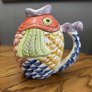 8” VTG Water Pitcher Chinese Multicolored Koi Fish Tail Handle Wide Mouth WCL - Picture 1 of 6