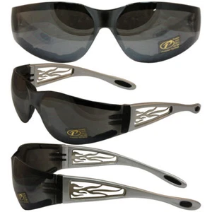 HEAT PADDED PACIFIC COAST MOTORCYCLE SUNGLASSES SILVER FLAME W MIRROR LENS 4440 - Picture 1 of 1