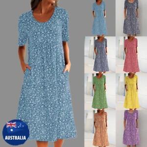 Womens Boho Floral Midi Dress Ladies Summer Holiday Pockets Sundress Plus Size