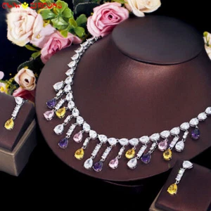 Belleza Circonita Cúbica Larga Gota Disfraz Collar 2 piezas Plateado Conjunto de Joyería - Imagen 1 de 9