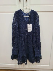 Bardot Mini Abito Bambina Pizzo Blu Navy Venezia Designer Monna 12 Anni - Foto 1 di 11