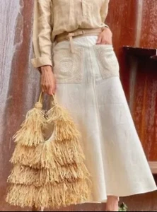Zara RETRO CHIC High Waisted Ivory XL Linen Blend Midi Skirt Crochet Pockets - Picture 1 of 11