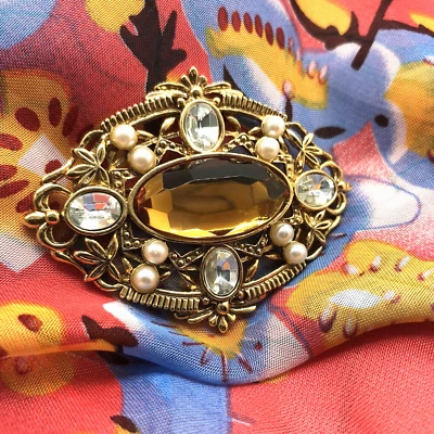 Signed Avon Gold Tone Oval Brooch Faux Pearls Crystal & Yellow Rhinestones  2.5" - Image 1 of 4