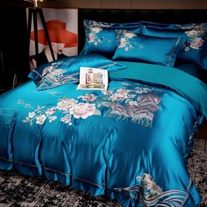 Bedding Set 4pcs 100% Silk Cotton Embroidery Duvet Cover Bed Skirt 2 Pillowcases - Picture 1 of 9
