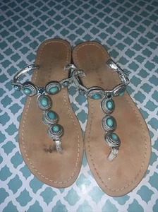 Ivanka Trump Pepe Thong silver turquoise leather sandals size 8 See Pics Flaws - Imagen 1 de 9