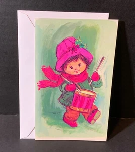 VTG Christmas Card UNUSED Little Drummer Boy Pink Hat Shoes Drum Green Backgroun - Picture 1 of 4