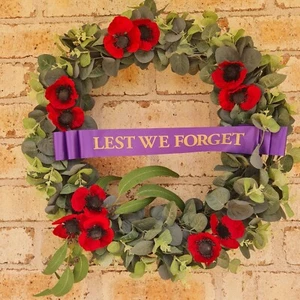 Anzac Memorial Australian Red poppy & Gum leaves artificial Faux wreath 50cm - Picture 1 of 5
