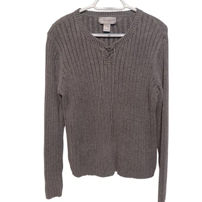 Investments Sweater Womens Large Grey Ribbed Knit  Lace Up Vneck Cotton Ramie - Image 1 of 4