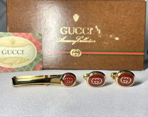 Vintage Gucci Krawattenklammer / Verschluss Manschettenknöpfe Set Gold Herren mit Box Made in Italy - Bild 1 von 12