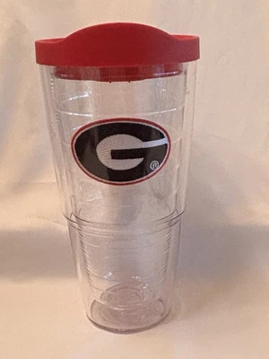 24 Oz TERVIS tumbler UGA BULLDOGS  Clear With RED BLACK & White Patch & Red Top - Image 1 of 4