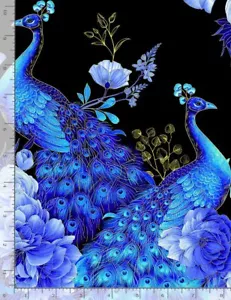 Royal Plume Fabric | Metallic Lg Peacock & Floral Blue | Timeless Treasures YARD - Picture 1 of 1