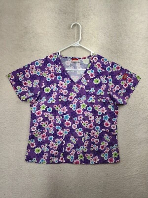 Dickies Women Scrub Small Purple Floral 100% Cotton Short Sleeve Workwear Top - Image 1 of 4