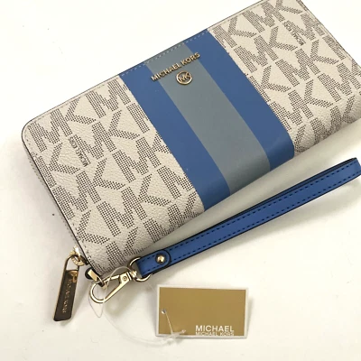 Cartera Michael Kors Continental Firma Rayas Azul Muñequera Grande Cuero Nueva con Etiquetas Foto 1 de 4
