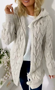 Women Ladies Cardigan Cable Knitted Oversized Long Hooded Chunky Jumper Top Cape