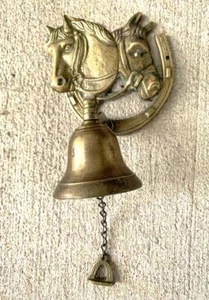 VTG Brass Dual Horse Head Horseshoe Door Knocker Dinner Bell Unique Rare 11.5" - Picture 1 of 6