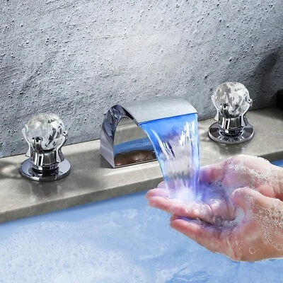 SENLESEN 8" Widespread LED Bathroom Faucet Waterfall Chrome 3-Hole Sink Bathtub Mixer Tap