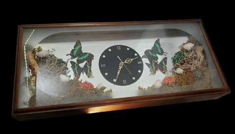 Vintage 1970s Clock Shadowbox Dried Flowers Butterfly Mirrored Back 29 x 13 x 4" Cover