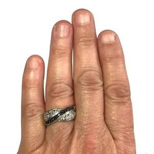 Silver Tone Ring with Black and Clear Rhinestones and Black Enamel Size 8.5 - Picture 1 of 6