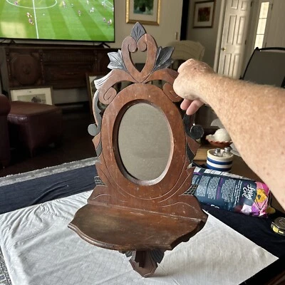 Vintage Wooden Mirror Frame Wall Mount Carved Scroll Design w/ Shelf Two Tone - Image 1 of 4