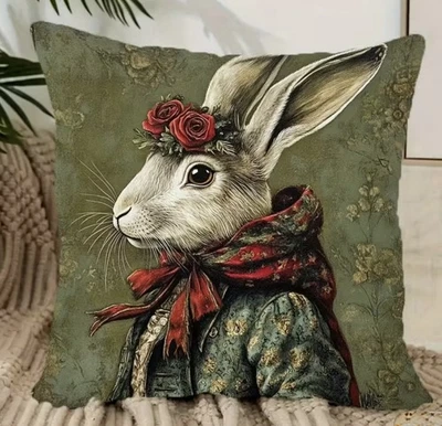 Elegant Rabbit Throw Pillow Cover Renaissance & Bohemian Vintage Appeal - Image 1 of 3