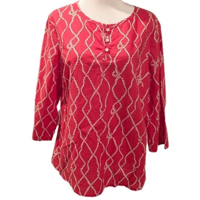 Talbots Size Medium Boxy Red Rope Geometric Print Blouse 3/4 Sleeve Shirt EUC - Image 1 of 4