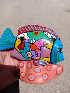 Mexico Terracotta Pottery Multicolor Fish Hand Painted Folk Art Signed - Bild 1 von 5