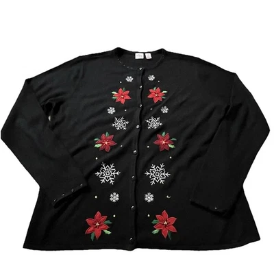 Wish Joy L Cardigan Sweater Black Poinsettia Snowflake Sequins Christmas Winter - Image 1 of 4