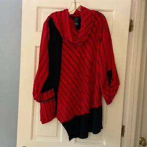 Ali Miles Asymmetrical Hem Tunic Top Red Black Stripe Roll Tab Slv Plus Size 2X - Picture 1 of 9