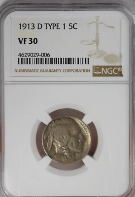 1913-D Type 1 Buffalo Nickel : NGC VF30 - Image 1 of 4