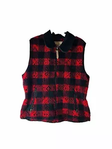 VTG 90s Woolrich Womens Medium Buffalo Plaid Deep Pile Fleece Zip Vest Jacket - Picture 1 of 9