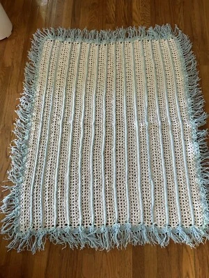 BABY Boy Crib Blanket Or Throw Handmade Crochet Knit  In Blue/White 36”x38” - Image 1 of 4