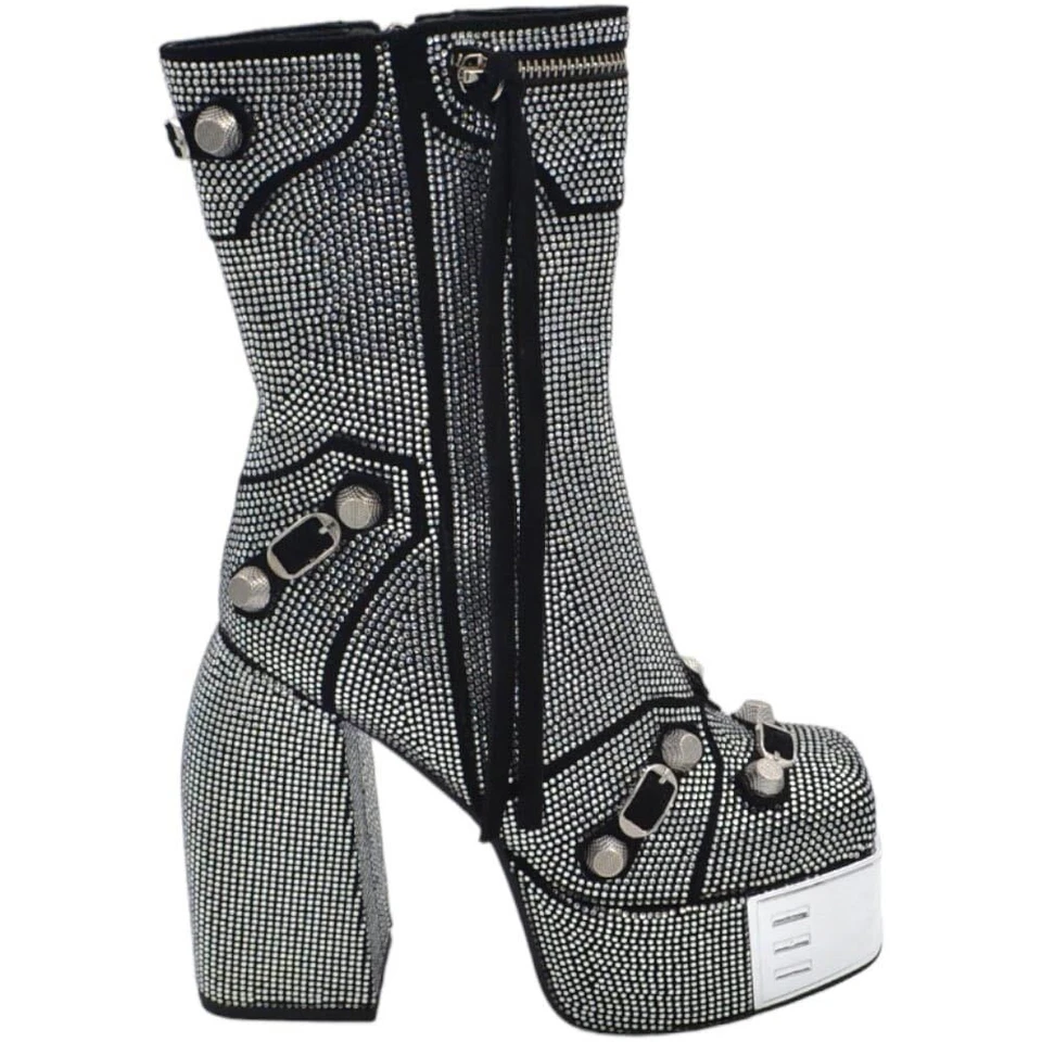Tronchetto donna stivaletto alto tacco grosso 15 cm plateau 5 cm brillantini bor - Immagine 1 di 4