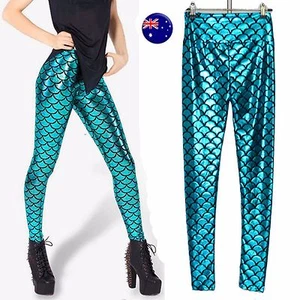 Lady Halloween High Waist Mermaid Fish Scale Party skinny Shine Pants Leggings - Picture 1 of 27