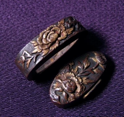 Fuchigashira Japanese Antique Fuchi Kashira Peony Design Edo with box from Japan - Image 1 of 4