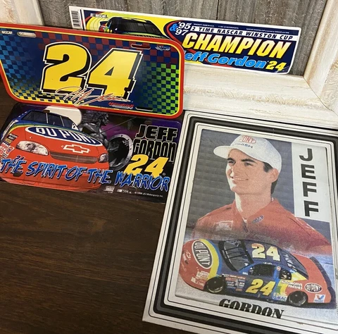Lot Of 4 NASCAR Jeff Gordan #24 License Plates, Sticker , Picture in Glass Cover