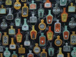MAGIC POTIONS SPELLS BOTTLES SPIDERWEB SPELLBOUND BLACK COTTON FABRIC FQ - Picture 1 of 10