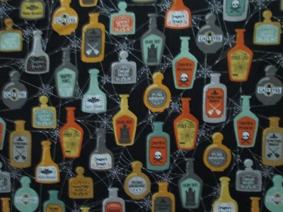 MAGIC POTIONS SPELLS BOTTLES SPIDERWEB SPELLBOUND BLACK COTTON FABRIC FQ - Image 1 of 4